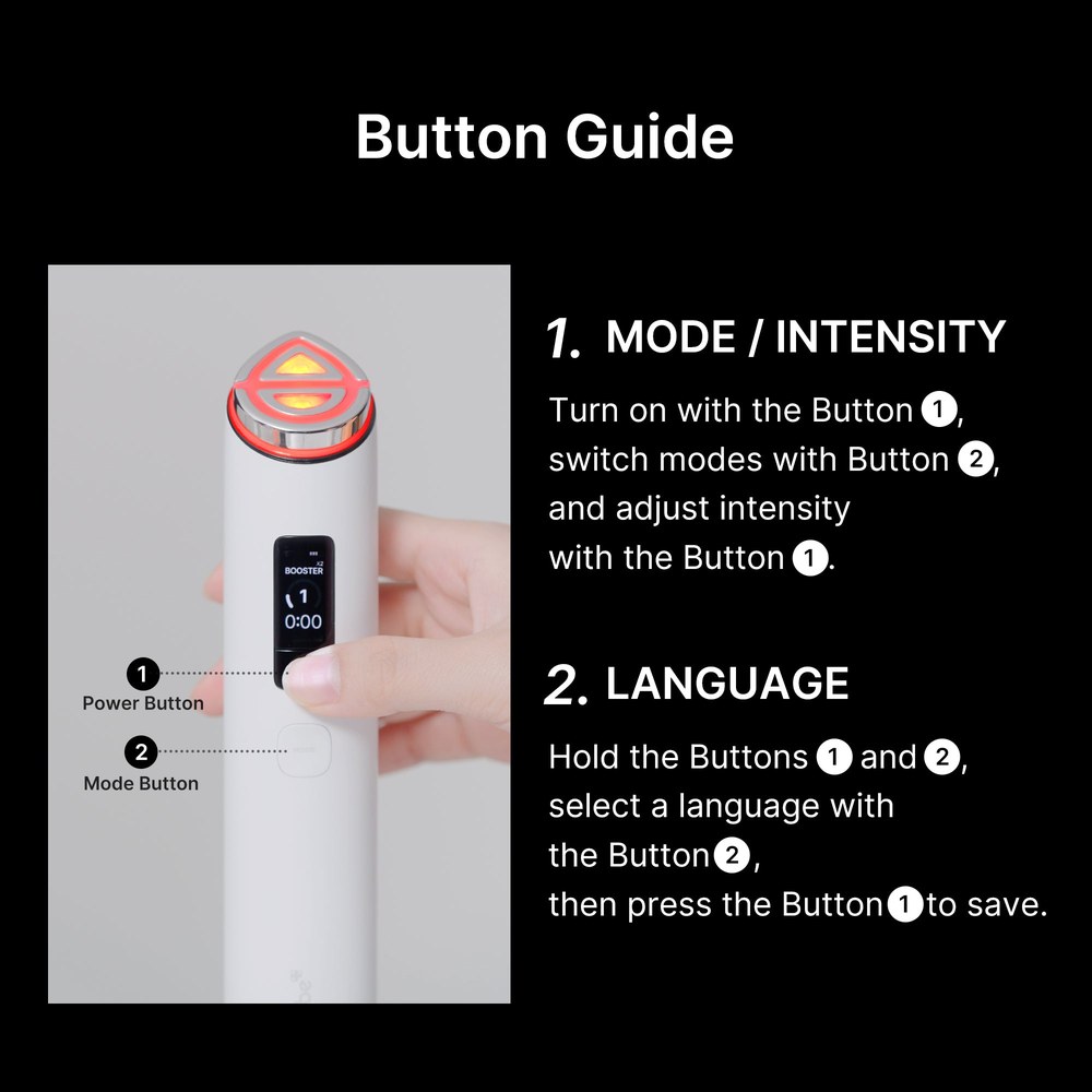Knappeguide for Medicube AGE-R Booster Pro X2 hvit – modus, intensitet og språk